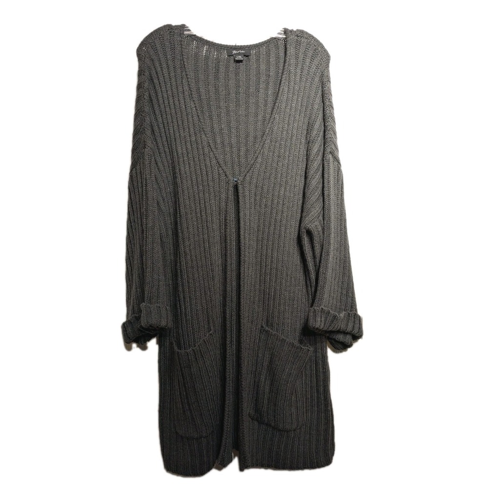 Zaria Cardigan Sweater Women L/XL Wool Blend Long Chunky Knit Open Pocket Ribbed